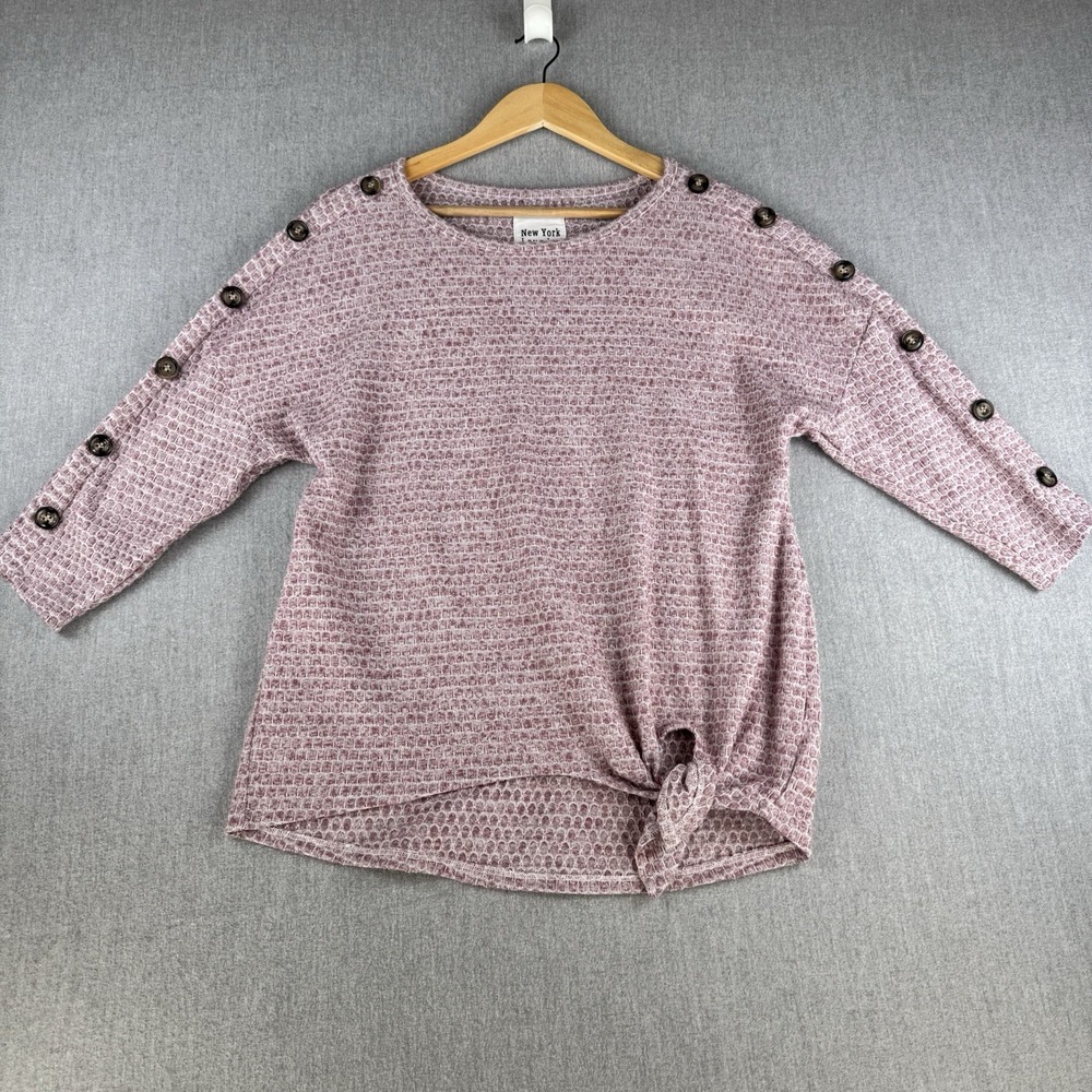 New York Laundry Waffle‎ Knit Top Small Pink Button Shoulder Tie Front
